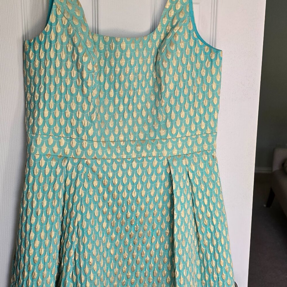Shoshana Cocktail Dress, Size 8, Sea Blue and Gold Color